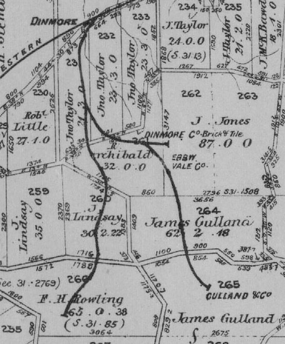 CADASTRAL MAP NEW CHUM BRANCH 1909
The name of the brickworks here is "Dinmore Co. Brick & Tile
Source:  Qld State Archives.